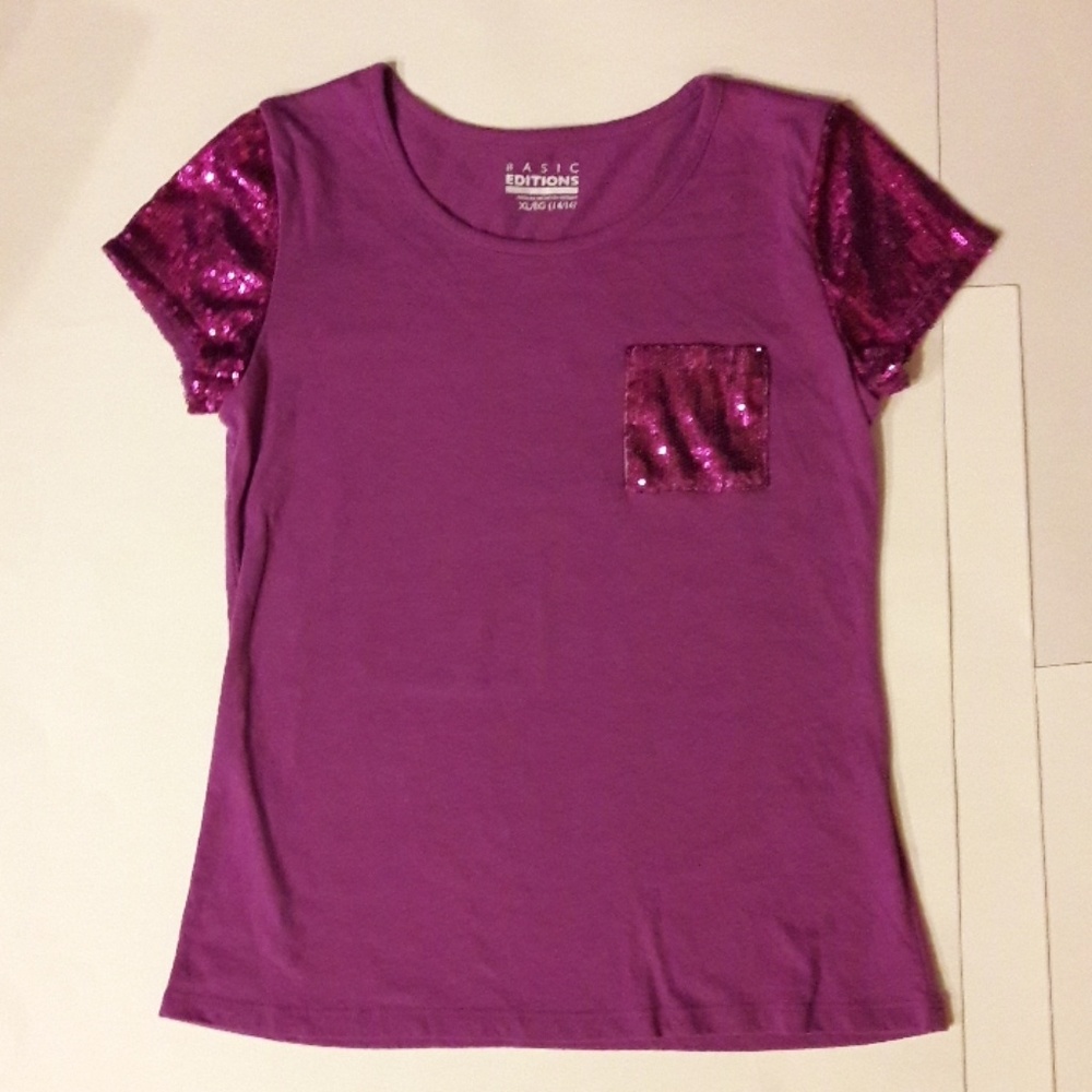 Girl's Purple Sequined Shirt with Pocket Sz 14/16